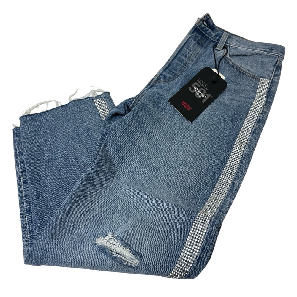 LEVI'S 501 Cropped w CRYSTALS Frayed Hem Straight Leg High Rise Jeans 28x26 New